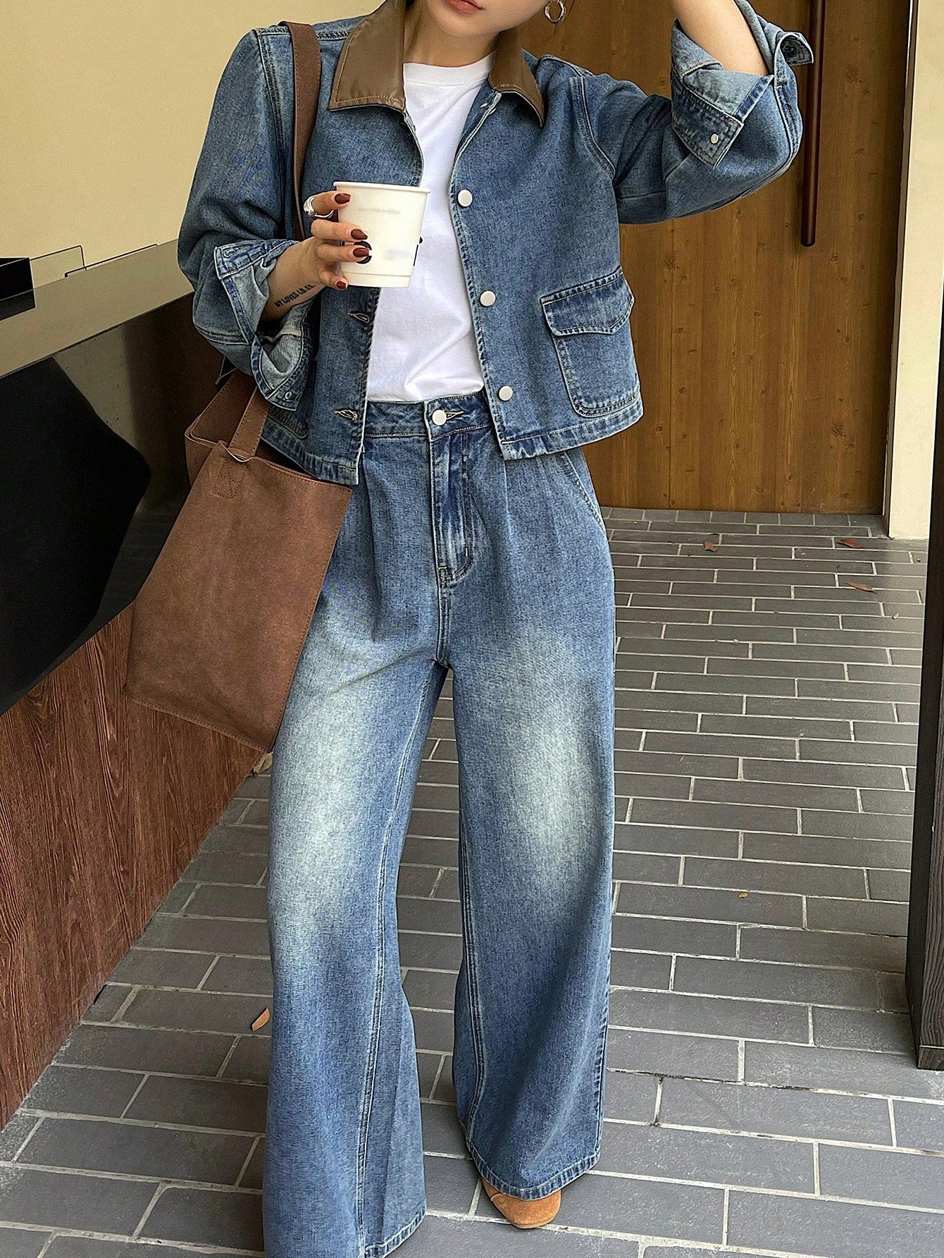 CM-SS451242 Women Casual Seoul Style Distressed Long Sleeve Jacket With Wide Leg Denim Pants - Set