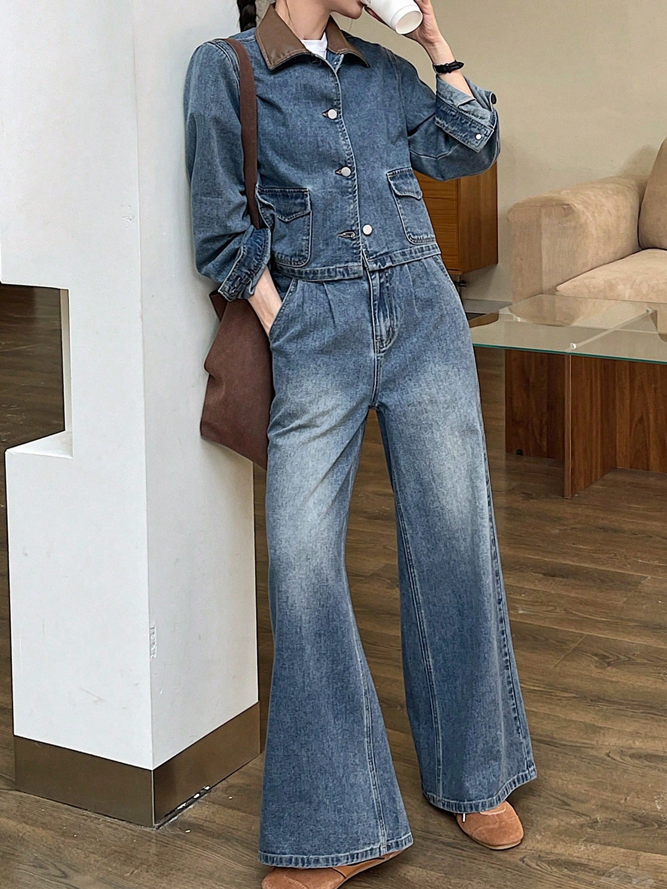 CM-SS451242 Women Casual Seoul Style Distressed Long Sleeve Jacket With Wide Leg Denim Pants - Set