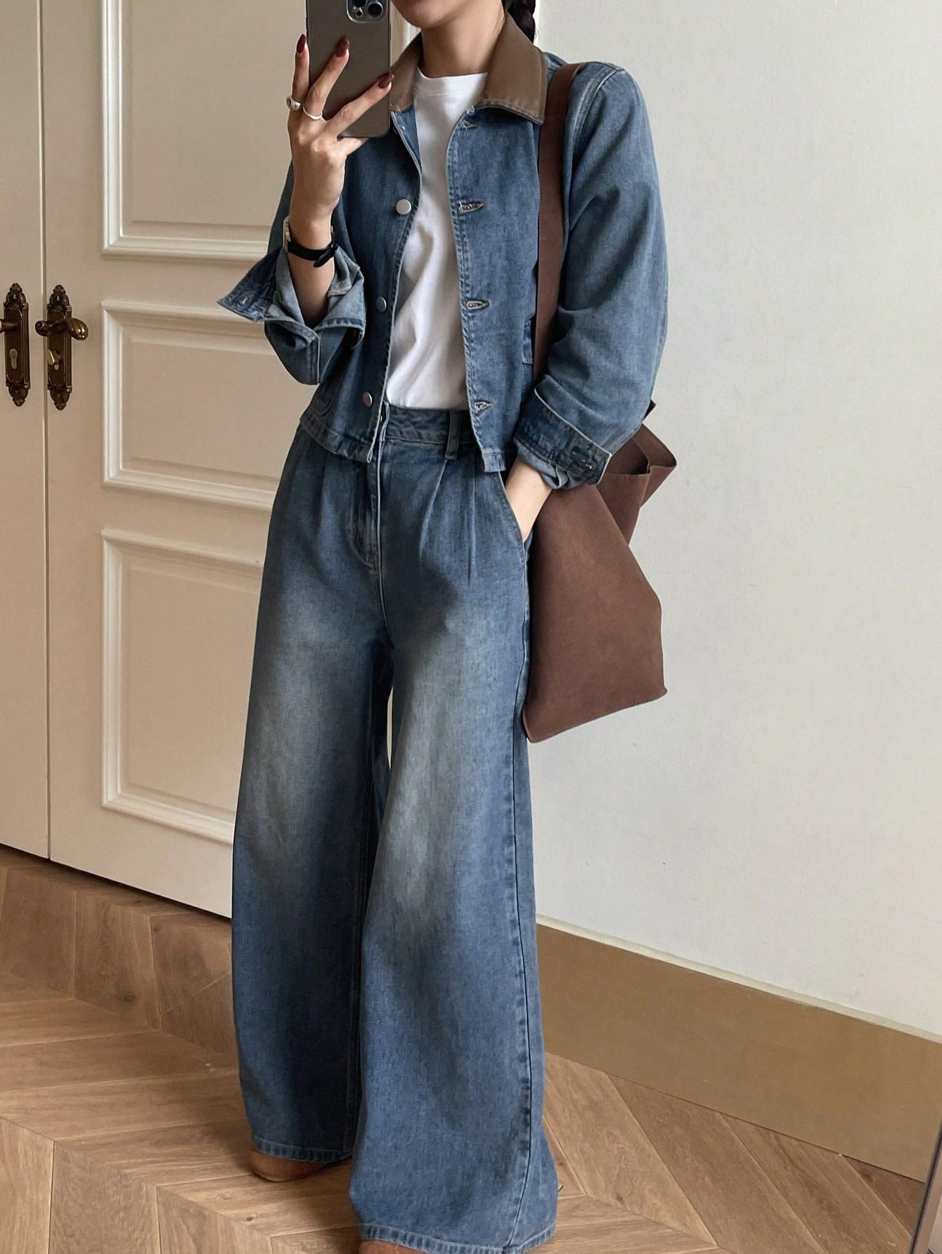 CM-SS451242 Women Casual Seoul Style Distressed Long Sleeve Jacket With Wide Leg Denim Pants - Set