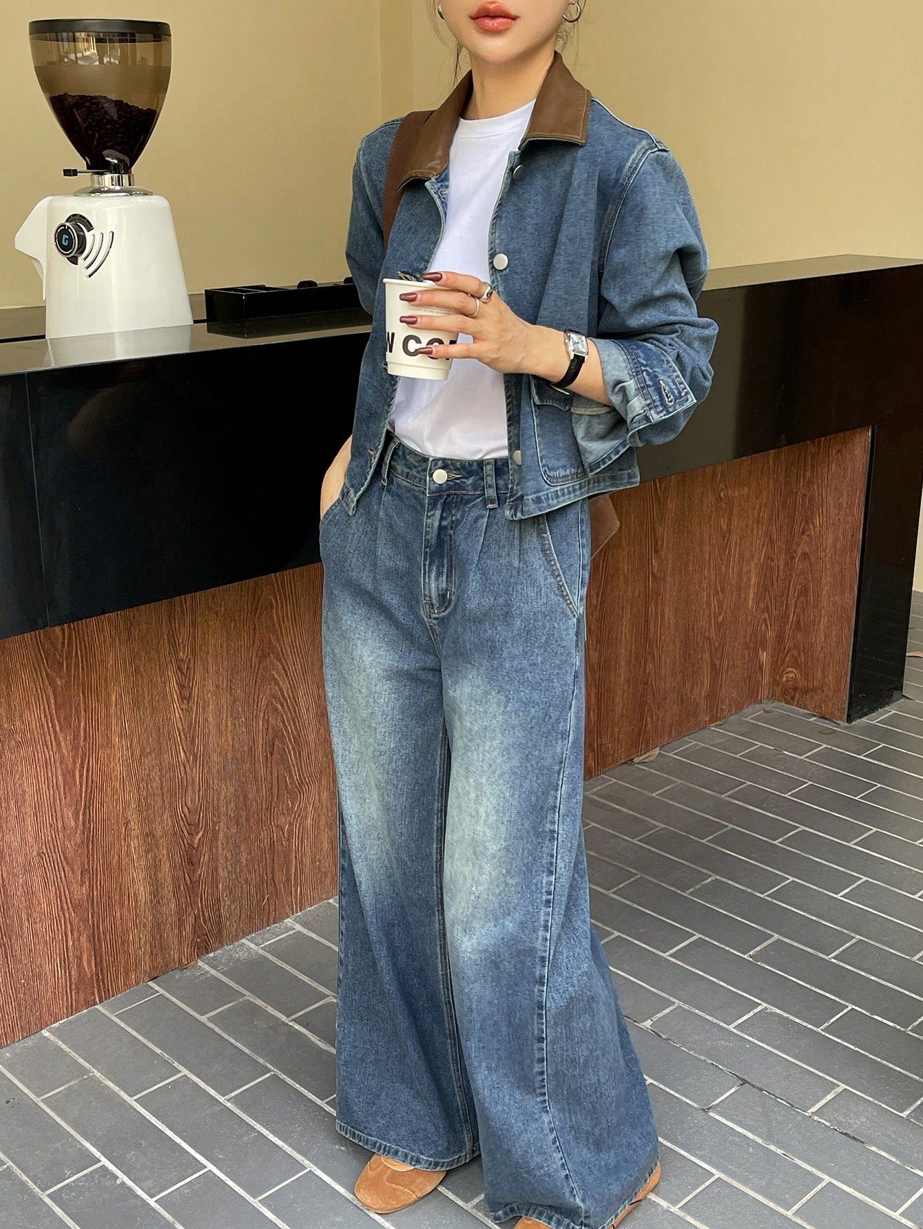 CM-SS451242 Women Casual Seoul Style Distressed Long Sleeve Jacket With Wide Leg Denim Pants - Set