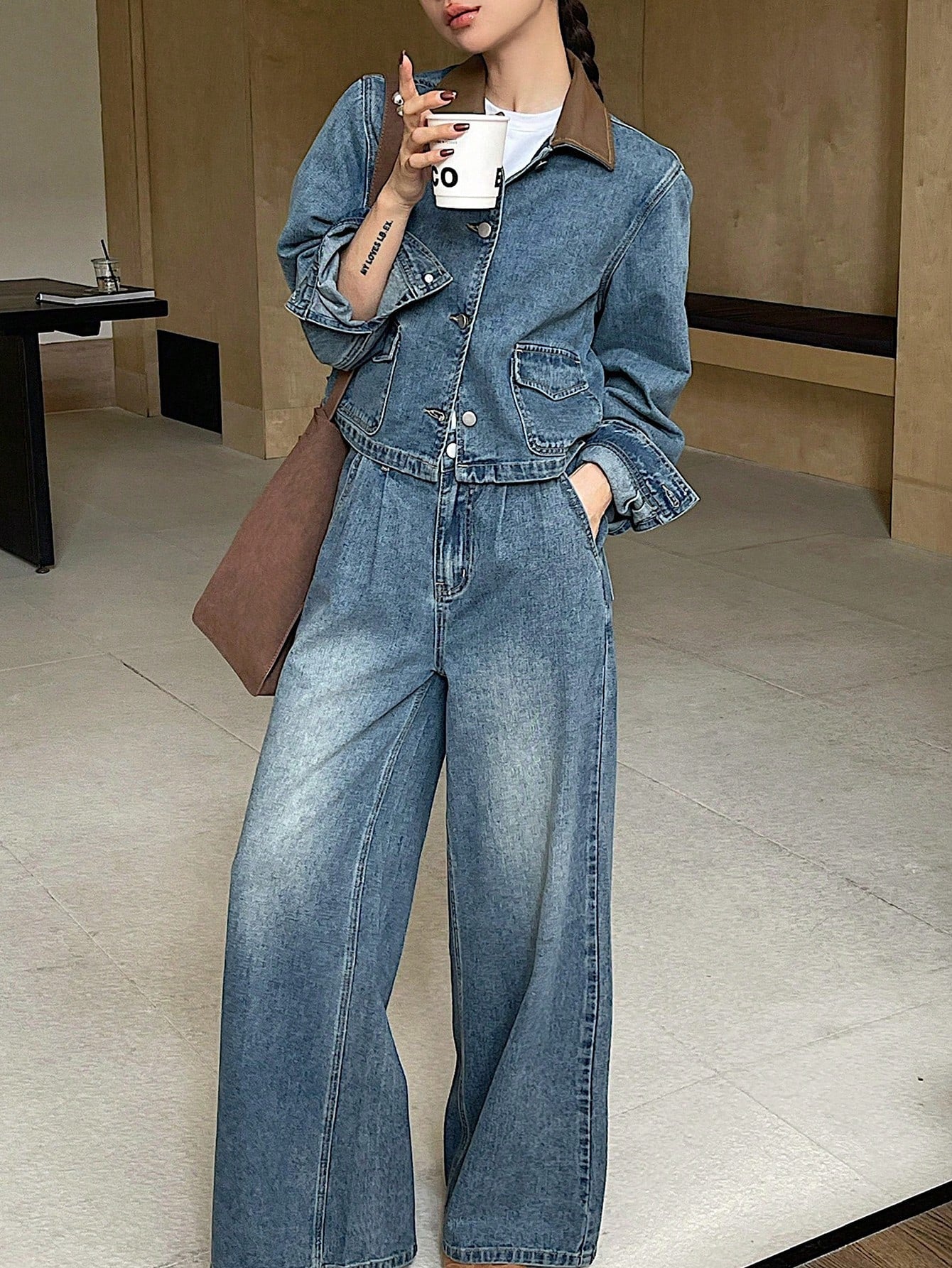 CM-SS451242 Women Casual Seoul Style Distressed Long Sleeve Jacket With Wide Leg Denim Pants - Set