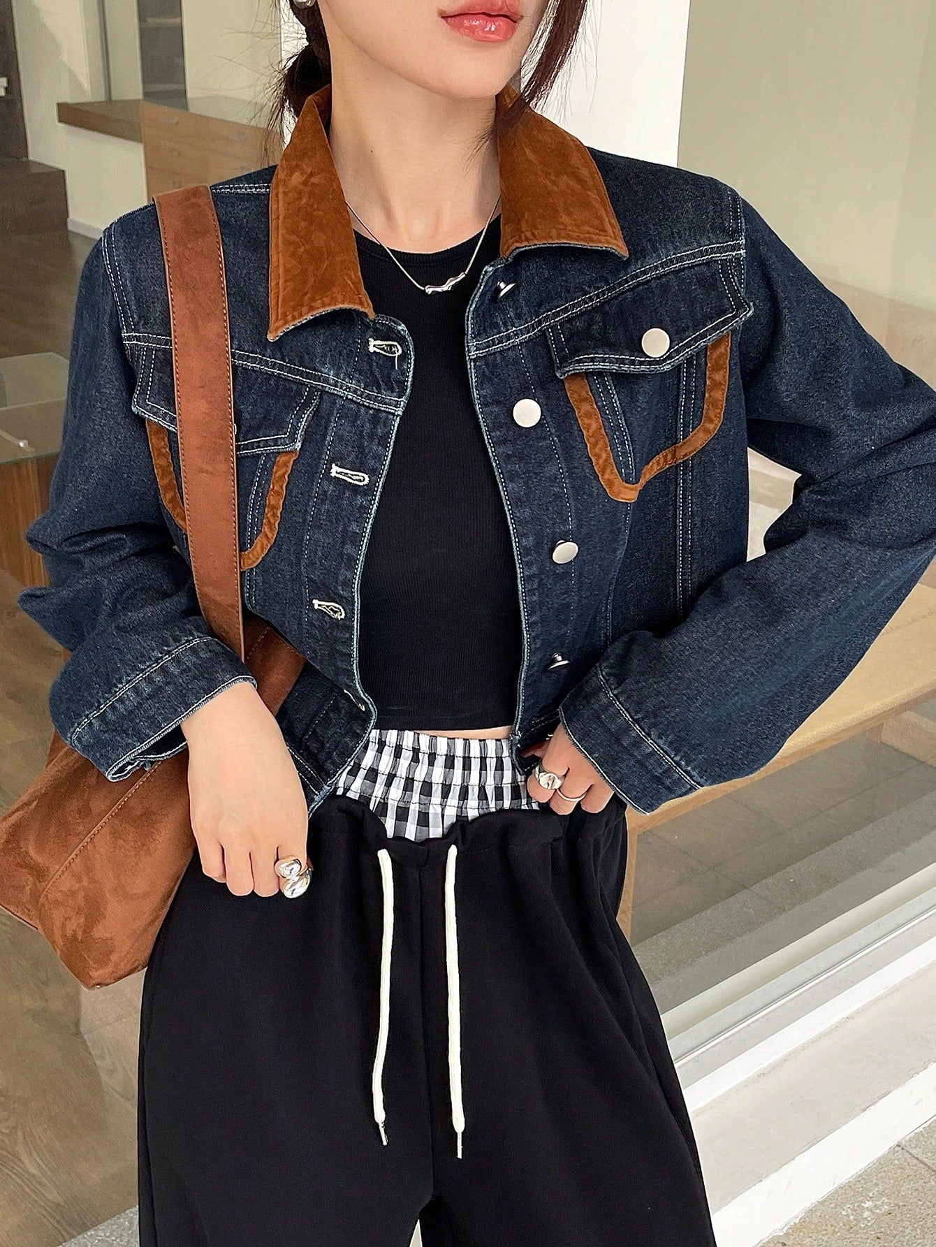 CM-CS550018 Women Casual Seoul Style Medium Wash Contrast Color Block Long Sleeve Denim Jacket