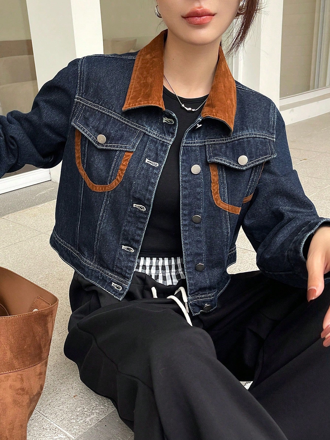 CM-CS550018 Women Casual Seoul Style Medium Wash Contrast Color Block Long Sleeve Denim Jacket