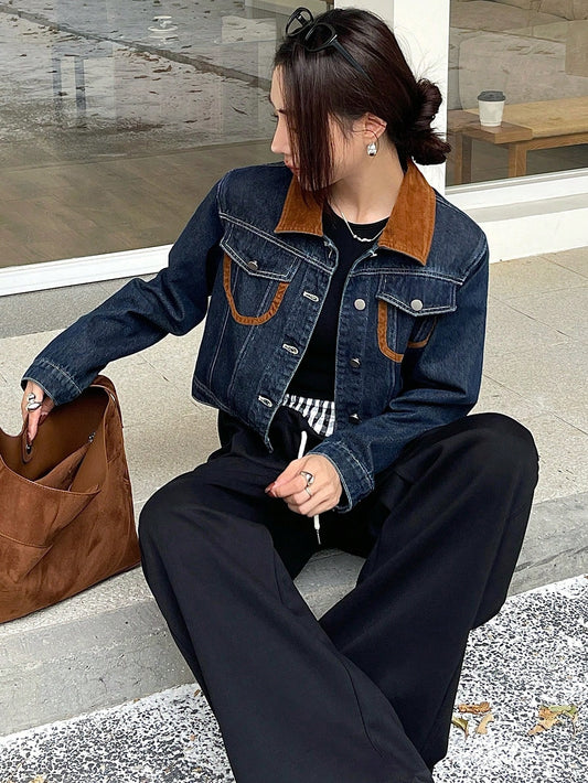 CM-CS550018 Women Casual Seoul Style Medium Wash Contrast Color Block Long Sleeve Denim Jacket