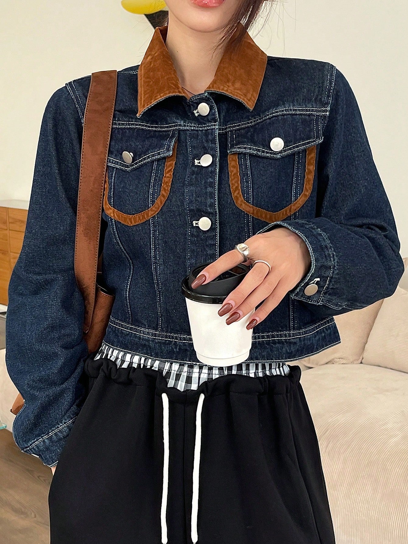 CM-CS550018 Women Casual Seoul Style Medium Wash Contrast Color Block Long Sleeve Denim Jacket