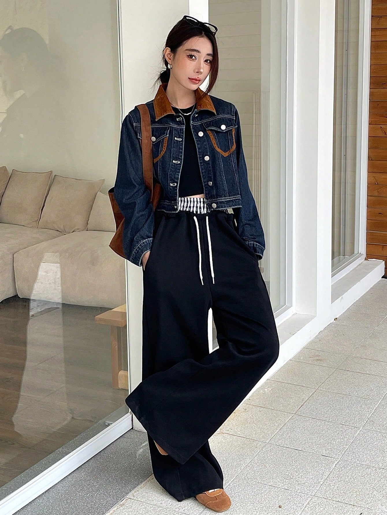 CM-CS550018 Women Casual Seoul Style Medium Wash Contrast Color Block Long Sleeve Denim Jacket