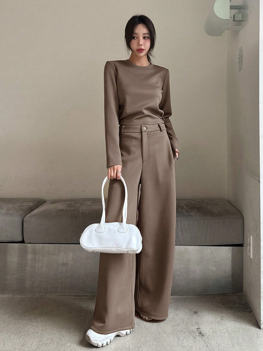 CM-SS817484 Women Casual Seoul Style Solid Color Round Neck Cropped Sweatshirt With Wide Leg Pants - Set