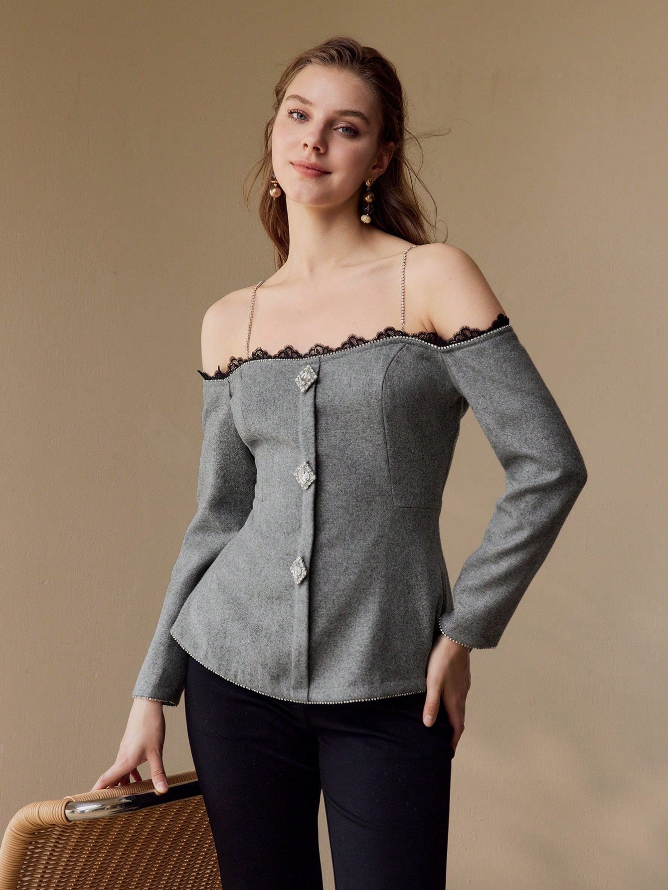 CM-TS658838 Women Elegant Seoul Style Spaghetti Strap Cold Shoulder Contast Lace Rhinestone Decor Top - Datk Gray