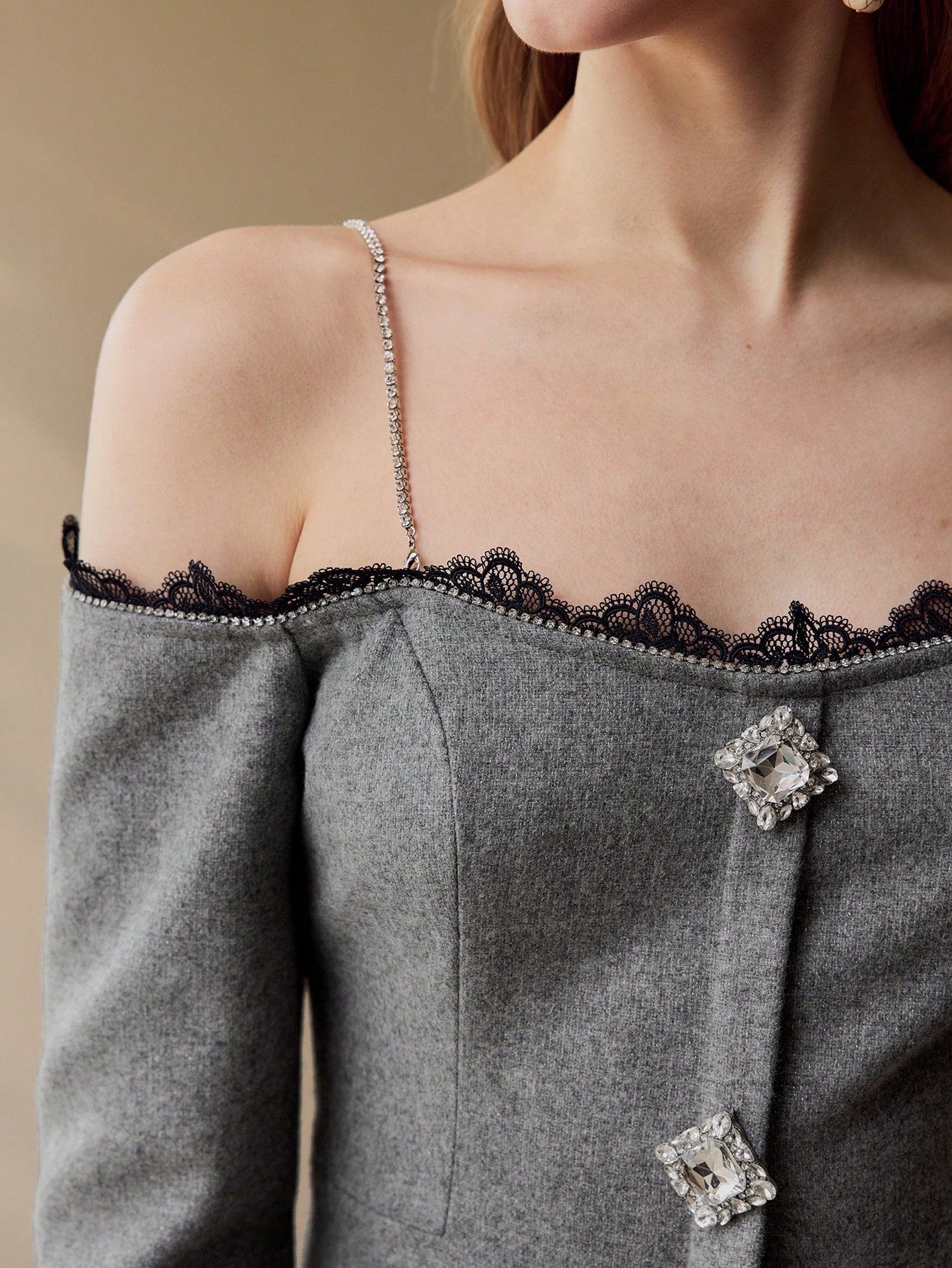 CM-TS658838 Women Elegant Seoul Style Spaghetti Strap Cold Shoulder Contast Lace Rhinestone Decor Top - Datk Gray