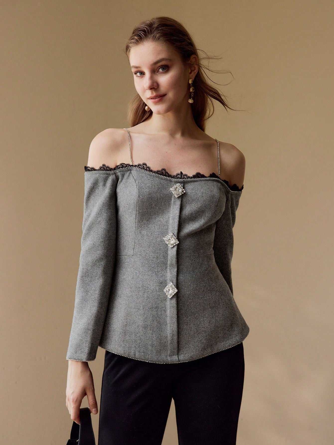 CM-TS658838 Women Elegant Seoul Style Spaghetti Strap Cold Shoulder Contast Lace Rhinestone Decor Top - Datk Gray