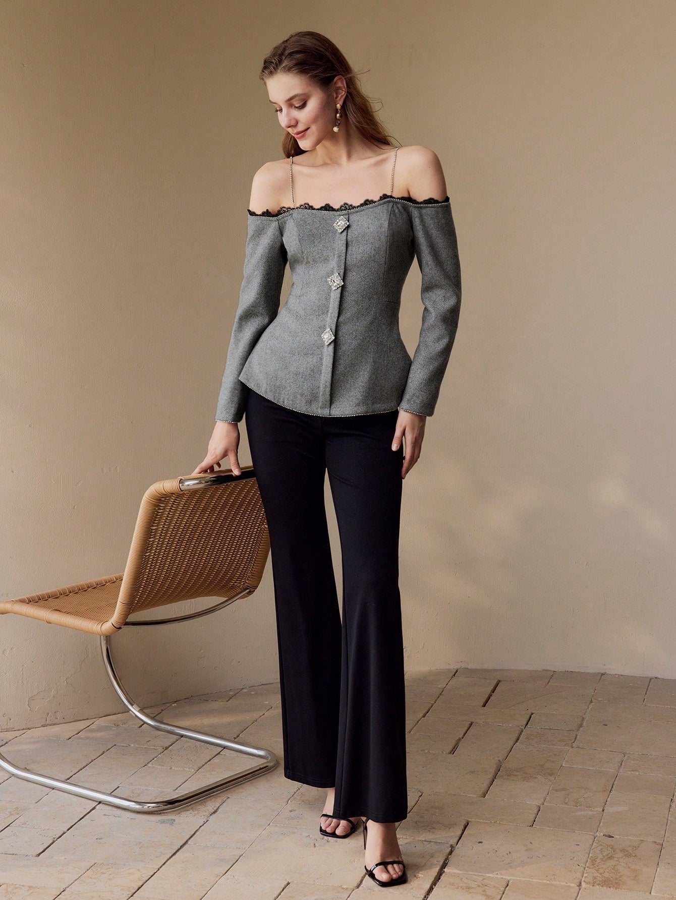 CM-TS658838 Women Elegant Seoul Style Spaghetti Strap Cold Shoulder Contast Lace Rhinestone Decor Top - Datk Gray