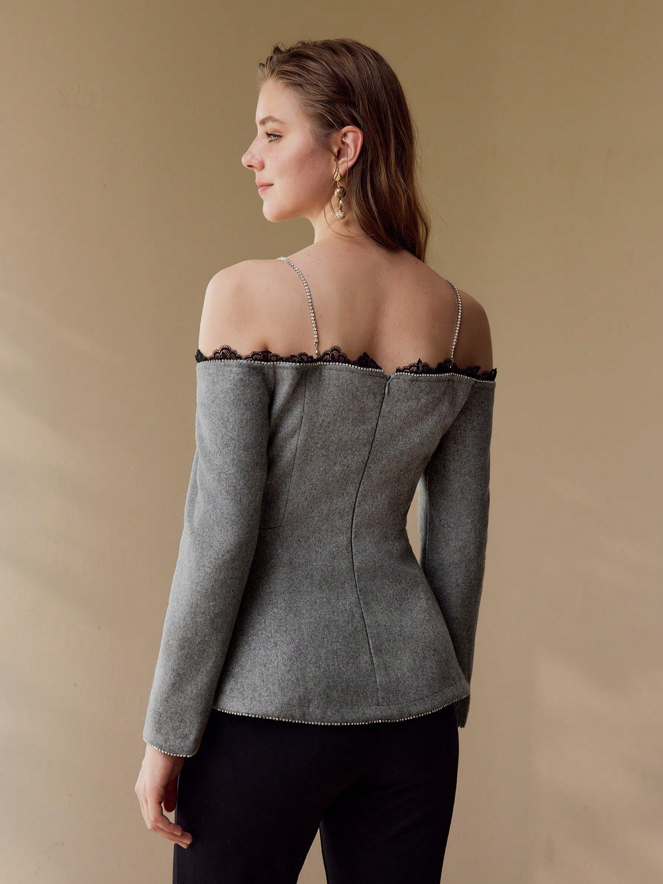 CM-TS658838 Women Elegant Seoul Style Spaghetti Strap Cold Shoulder Contast Lace Rhinestone Decor Top - Datk Gray