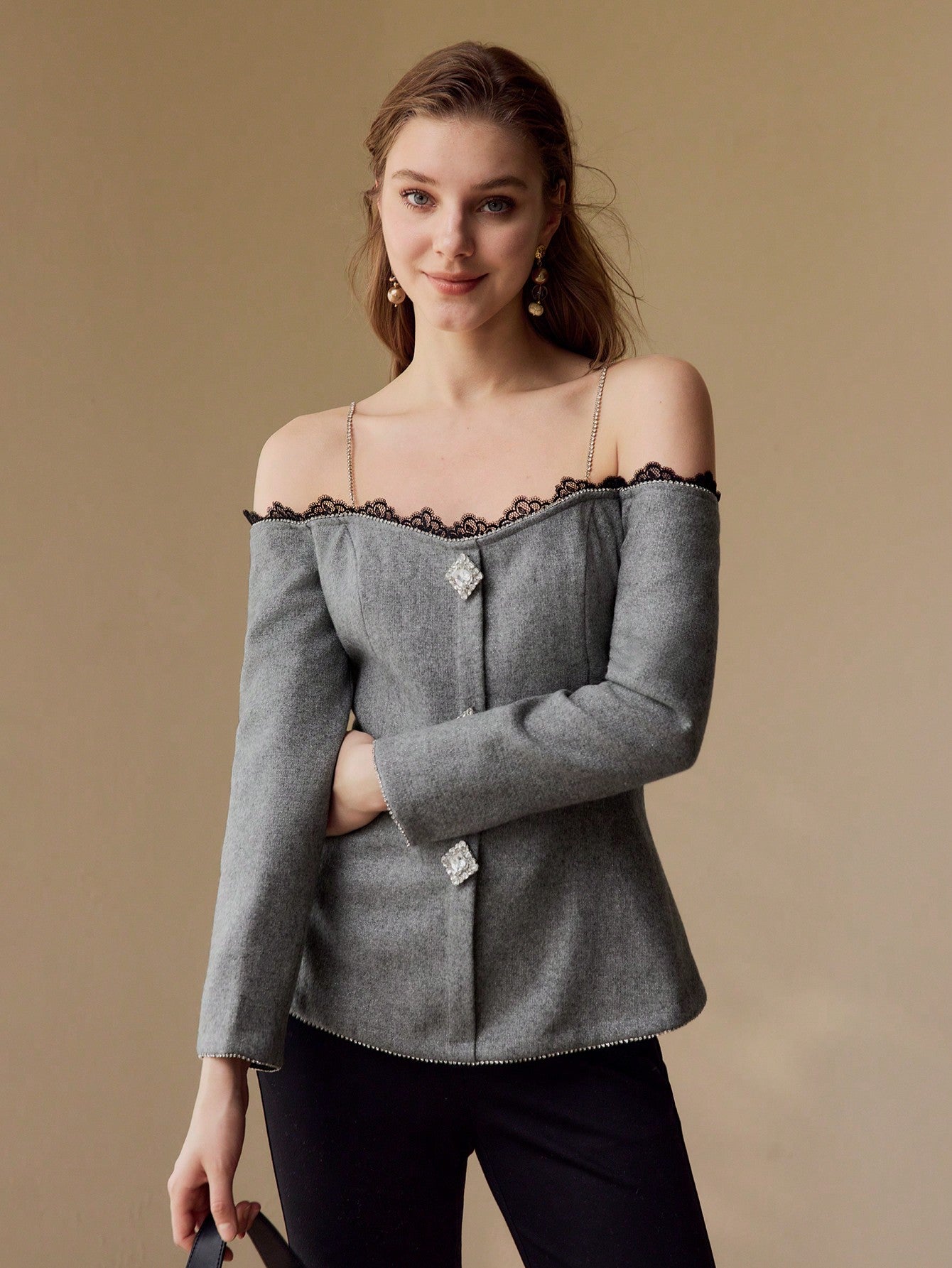 CM-TS658838 Women Elegant Seoul Style Spaghetti Strap Cold Shoulder Contast Lace Rhinestone Decor Top - Datk Gray