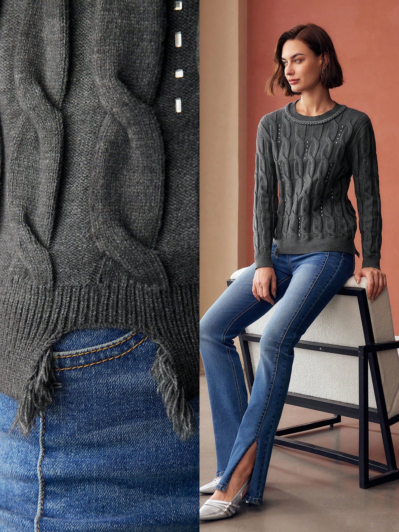 CM-CS800618 Women Elegant Seoul Style Round Neck Long Sleeve Rhinestone Detail Cable Knit Sweater - Gray