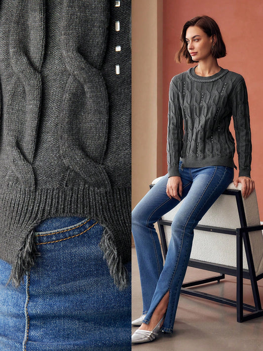 CM-CS800618 Women Elegant Seoul Style Round Neck Long Sleeve Rhinestone Detail Cable Knit Sweater - Gray
