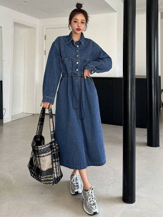 CM-DS246665 Women Casual Seoul Style Medium Wash Long Sleeve High Waisted Collared Shirt Dress