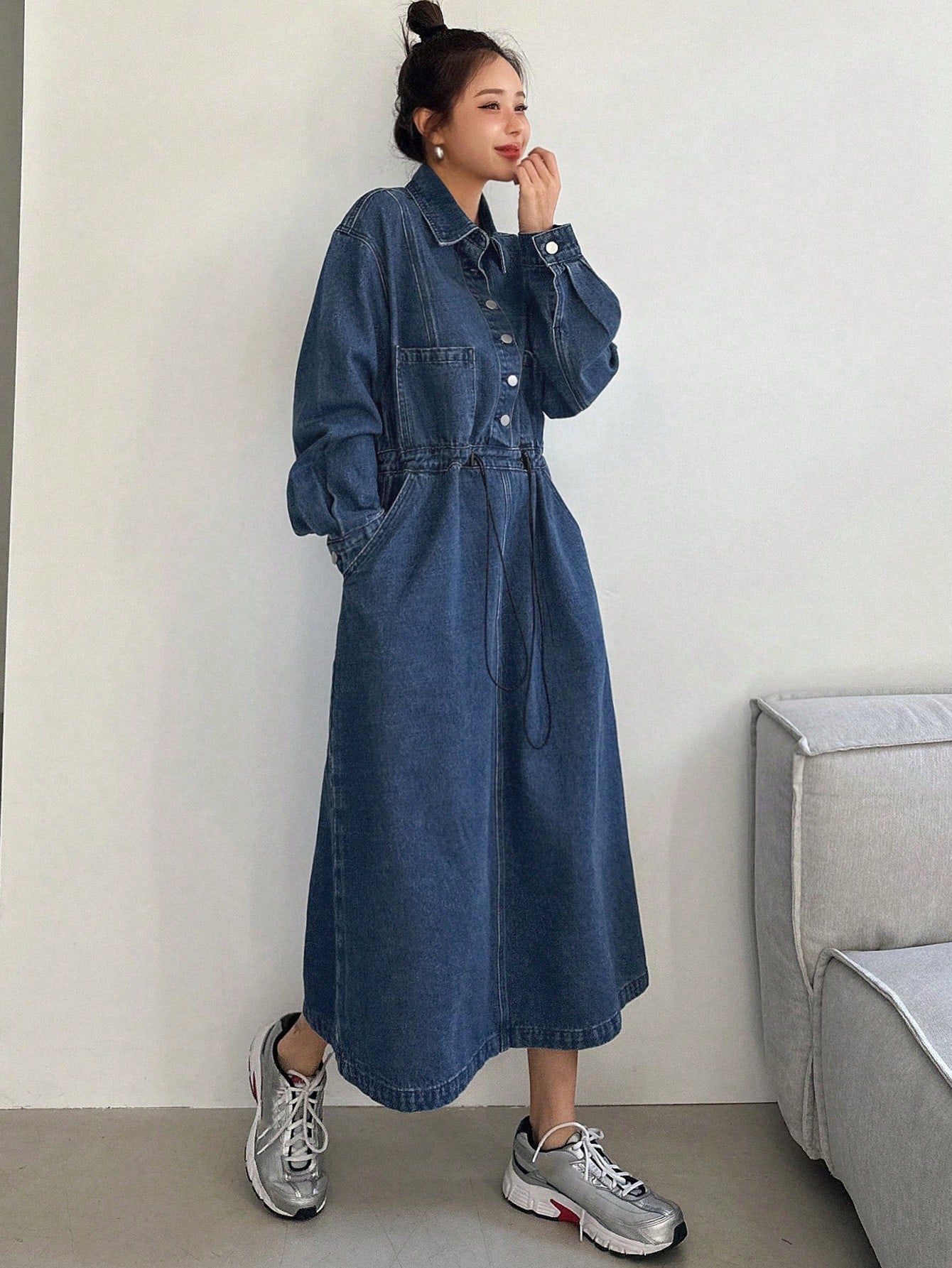 CM-DS246665 Women Casual Seoul Style Medium Wash Long Sleeve High Waisted Collared Shirt Dress