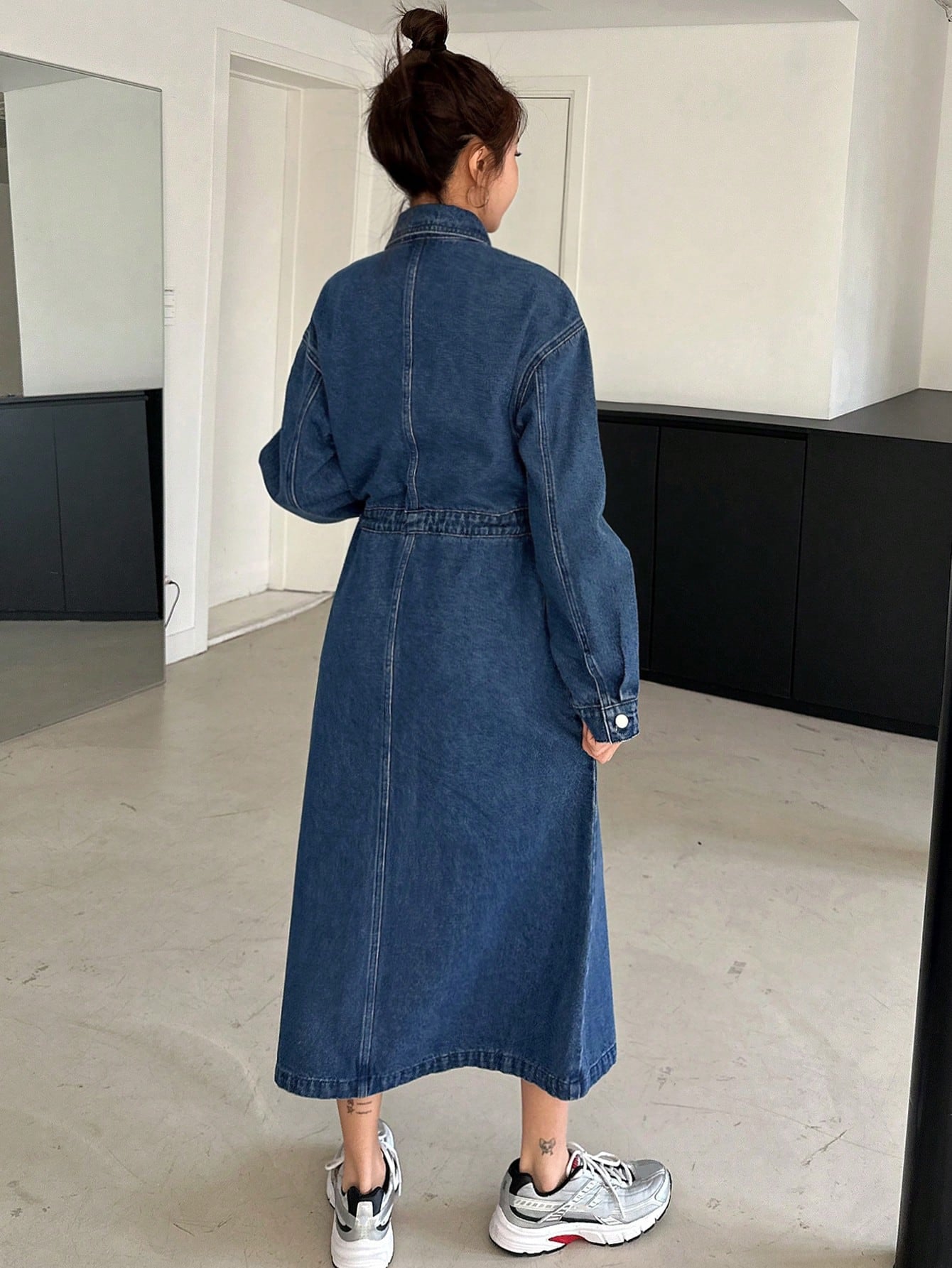 CM-DS246665 Women Casual Seoul Style Medium Wash Long Sleeve High Waisted Collared Shirt Dress