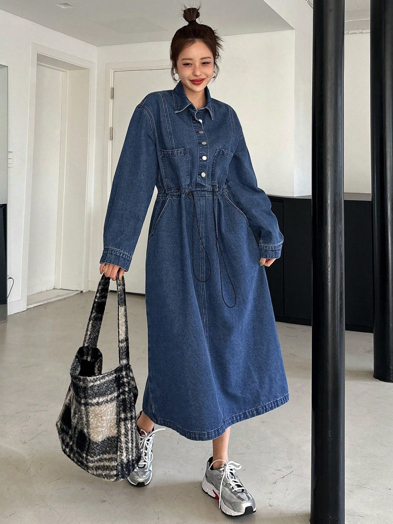 CM-DS246665 Women Casual Seoul Style Medium Wash Long Sleeve High Waisted Collared Shirt Dress