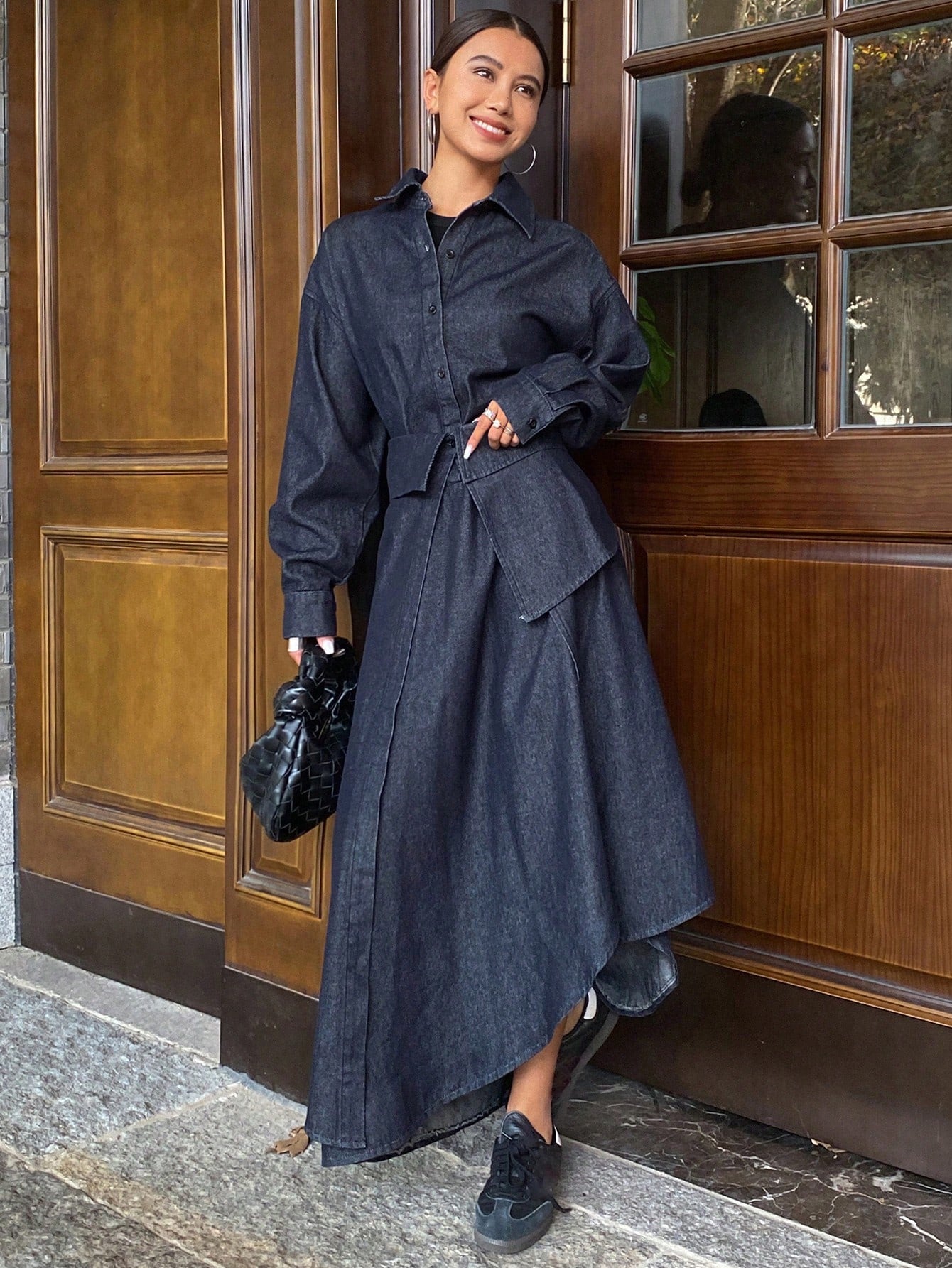 CM-SS667183 Women Casual Seoul Style Loose Long Sleeve Turndown Collar Dress With Denim Skirt - Set