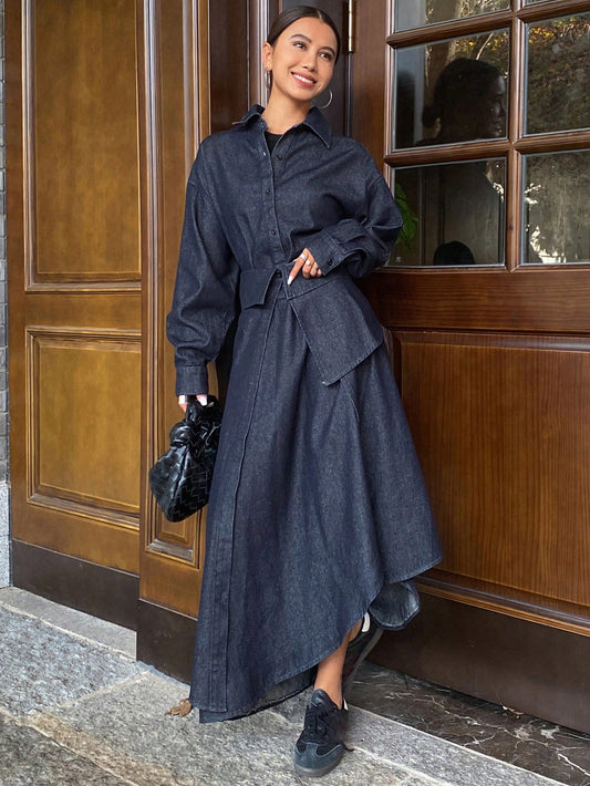 CM-SS667183 Women Casual Seoul Style Loose Long Sleeve Turndown Collar Dress With Denim Skirt - Set