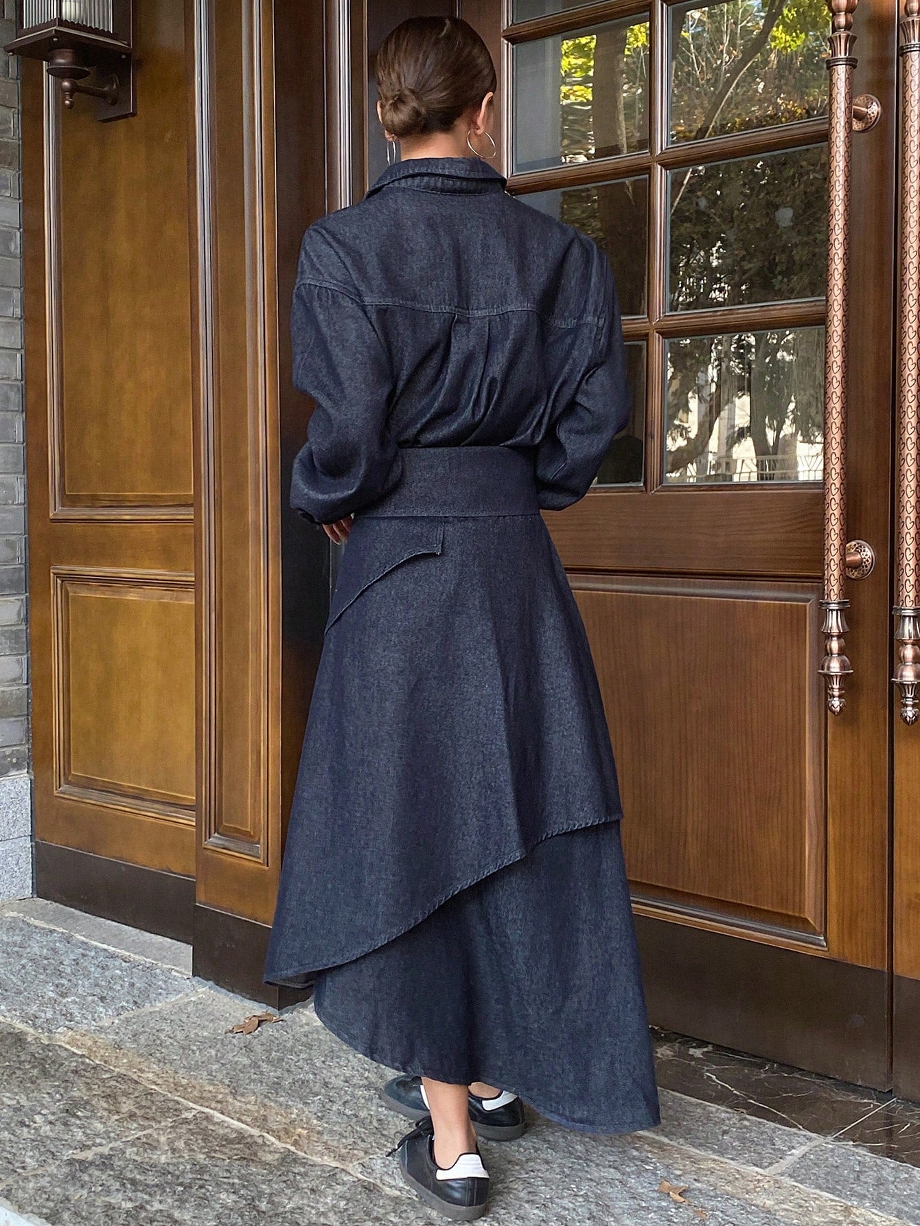CM-SS667183 Women Casual Seoul Style Loose Long Sleeve Turndown Collar Dress With Denim Skirt - Set