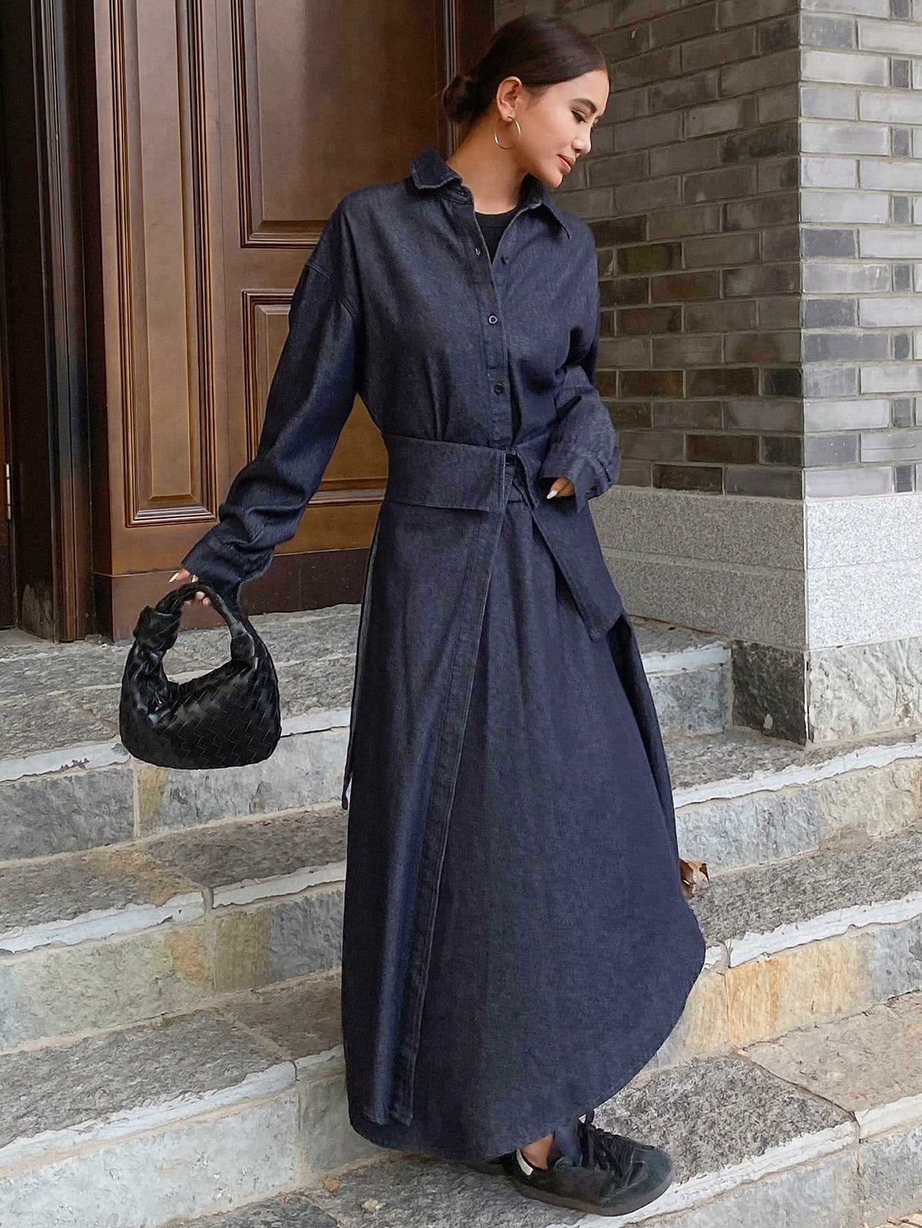CM-SS667183 Women Casual Seoul Style Loose Long Sleeve Turndown Collar Dress With Denim Skirt - Set