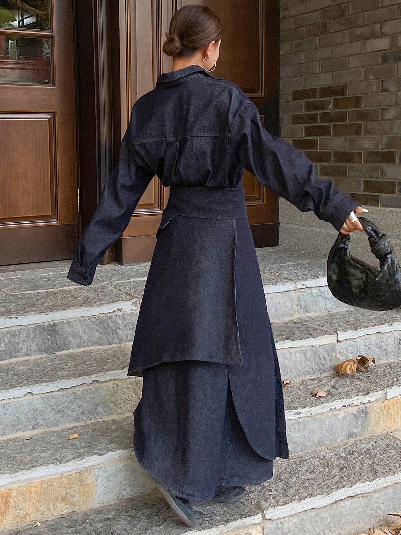 CM-SS667183 Women Casual Seoul Style Loose Long Sleeve Turndown Collar Dress With Denim Skirt - Set