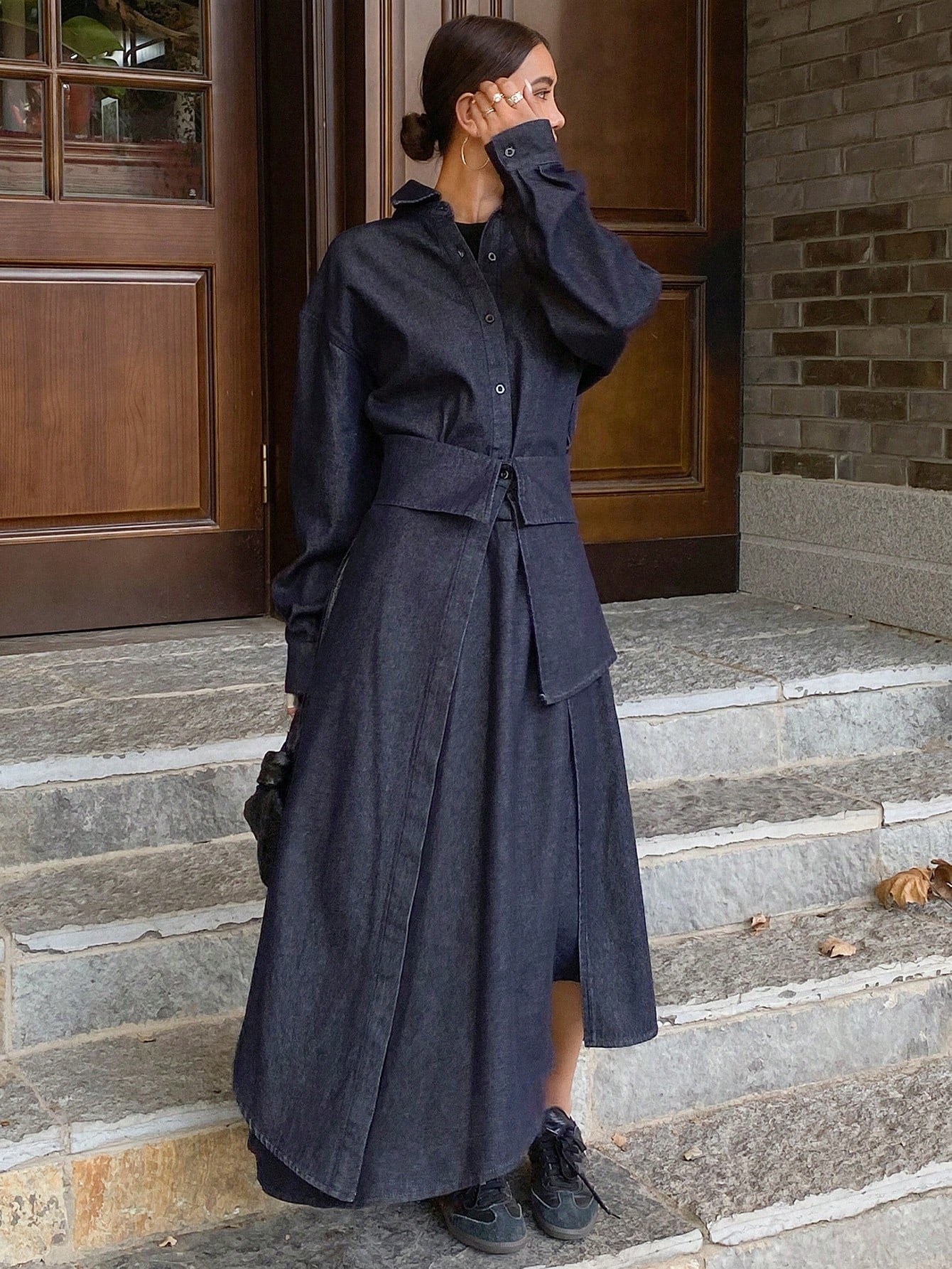 CM-SS667183 Women Casual Seoul Style Loose Long Sleeve Turndown Collar Dress With Denim Skirt - Set