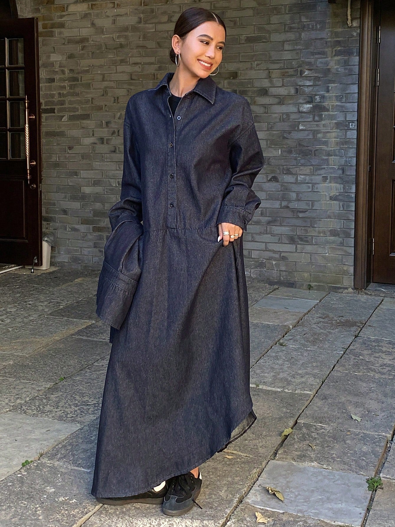 CM-SS667183 Women Casual Seoul Style Loose Long Sleeve Turndown Collar Dress With Denim Skirt - Set