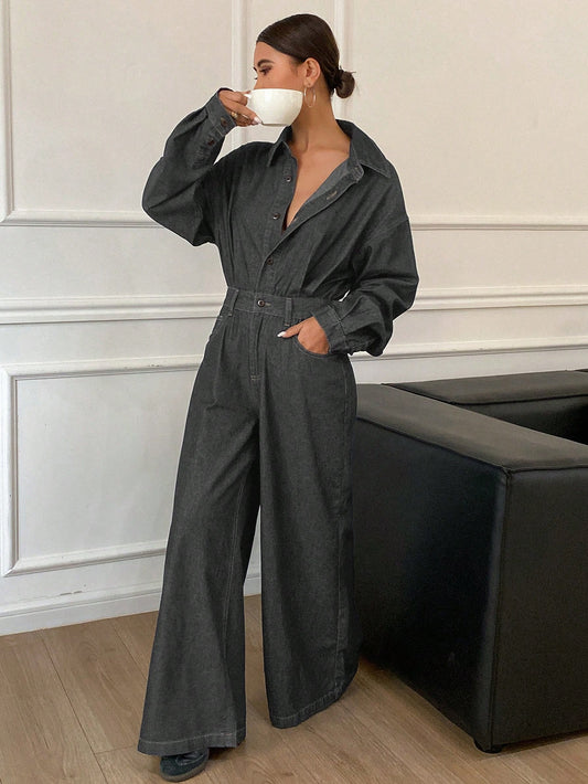 CM-JS959915 Women Casual Seoul Style Solid Color Loose Waist Long Sleeve Turndown Collar Denim Jumpsuit