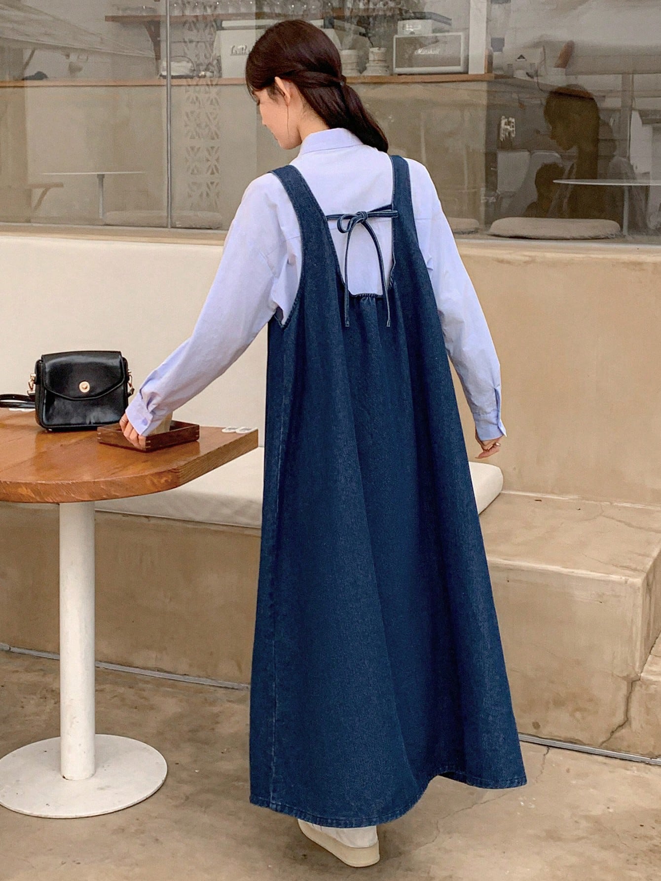 CM-DS493835 Women Casual Seoul Style Dark Wash Straps Neckline Sleeveless Denim Suspender Dress