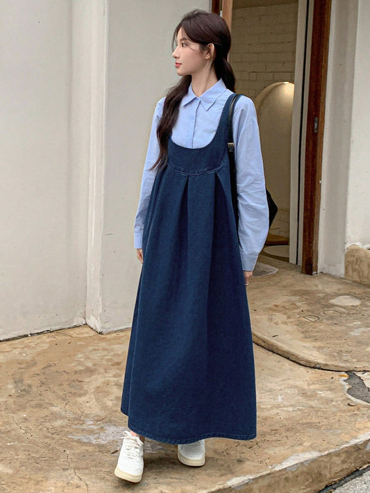 CM-DS493835 Women Casual Seoul Style Dark Wash Straps Neckline Sleeveless Denim Suspender Dress