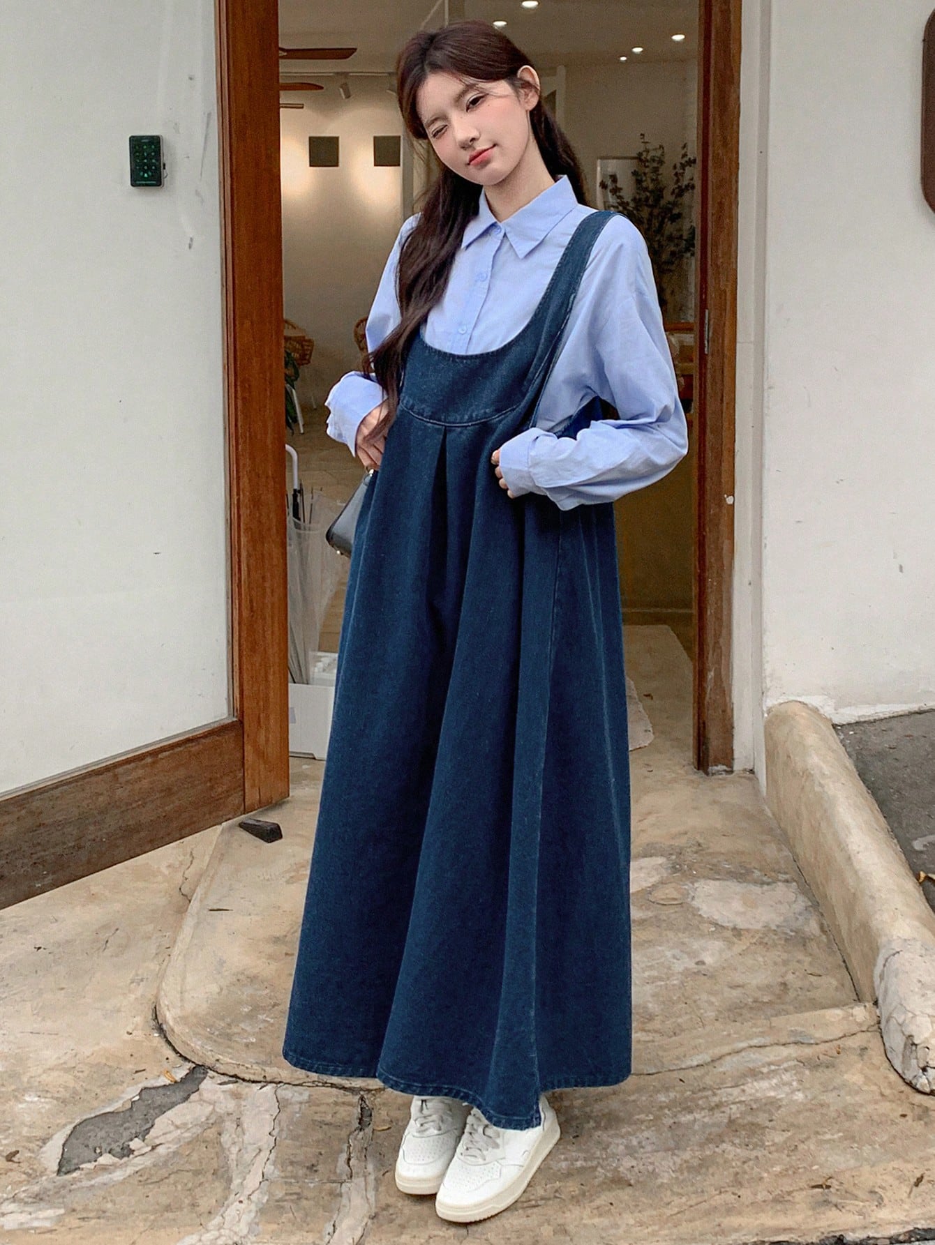 CM-DS493835 Women Casual Seoul Style Dark Wash Straps Neckline Sleeveless Denim Suspender Dress