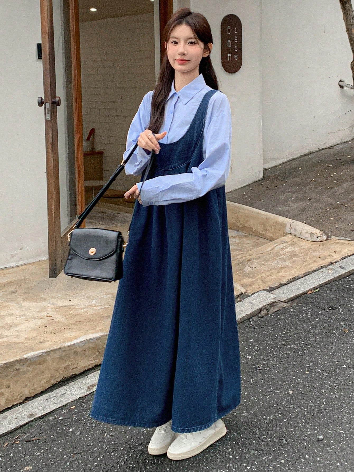 CM-DS493835 Women Casual Seoul Style Dark Wash Straps Neckline Sleeveless Denim Suspender Dress