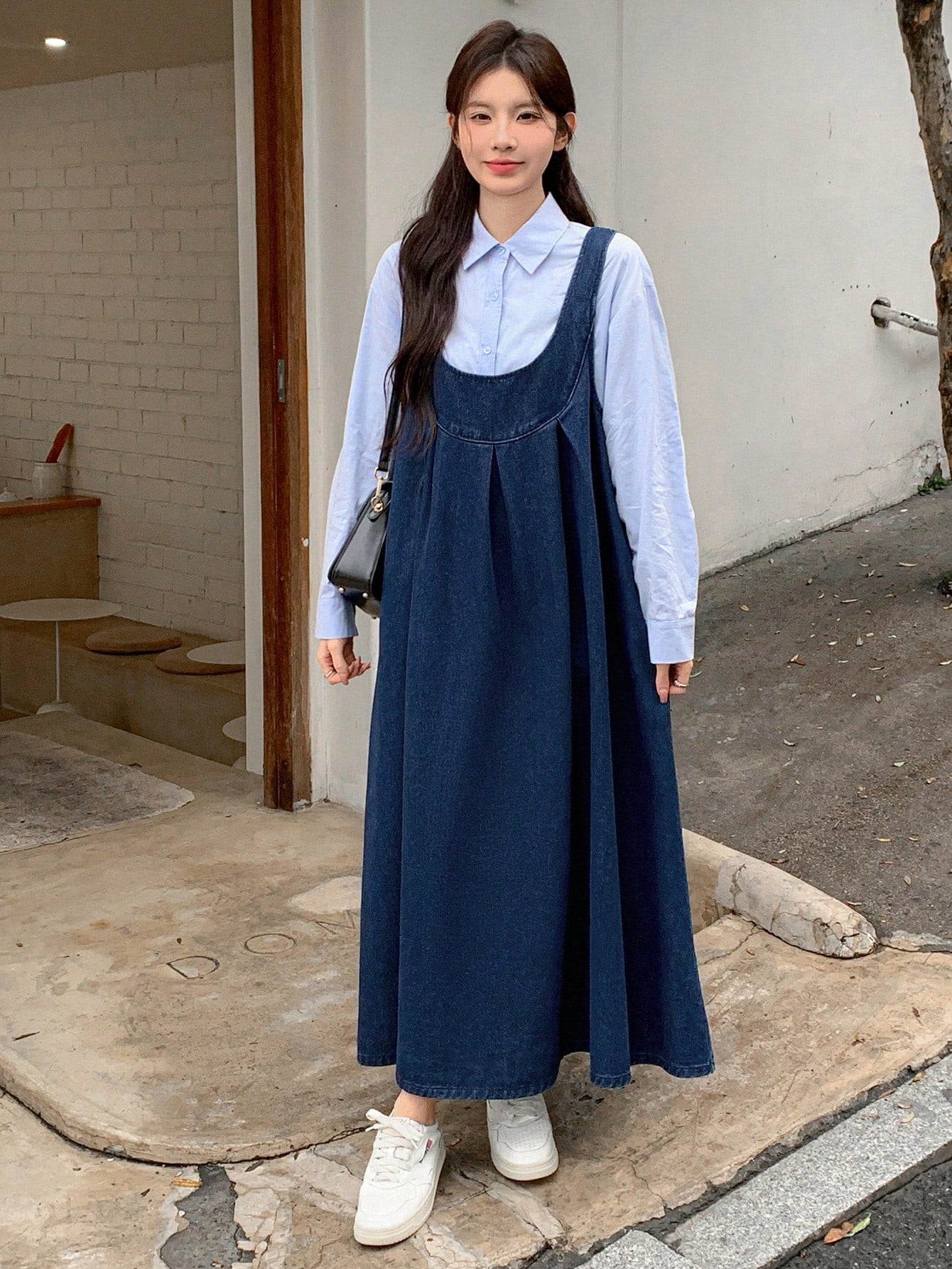 CM-DS493835 Women Casual Seoul Style Dark Wash Straps Neckline Sleeveless Denim Suspender Dress