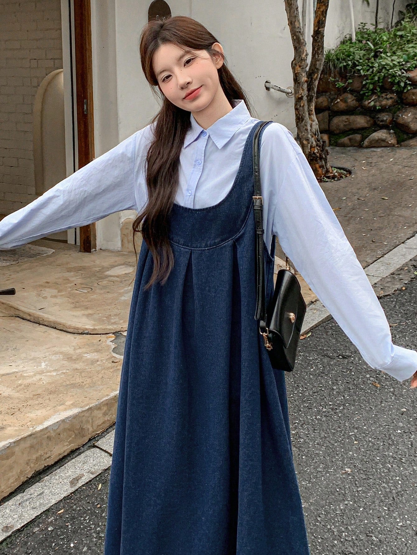 CM-DS493835 Women Casual Seoul Style Dark Wash Straps Neckline Sleeveless Denim Suspender Dress