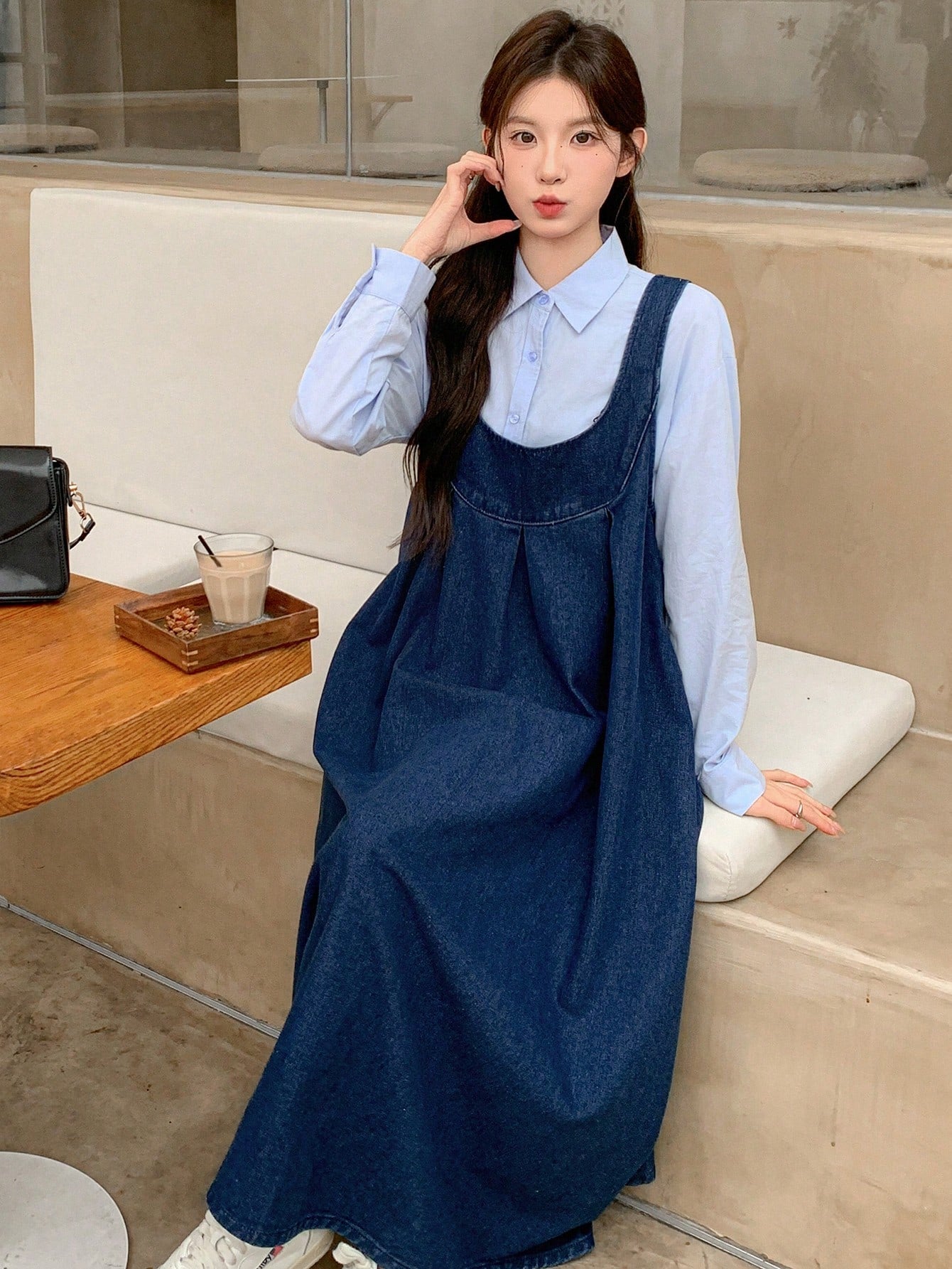 CM-DS493835 Women Casual Seoul Style Dark Wash Straps Neckline Sleeveless Denim Suspender Dress