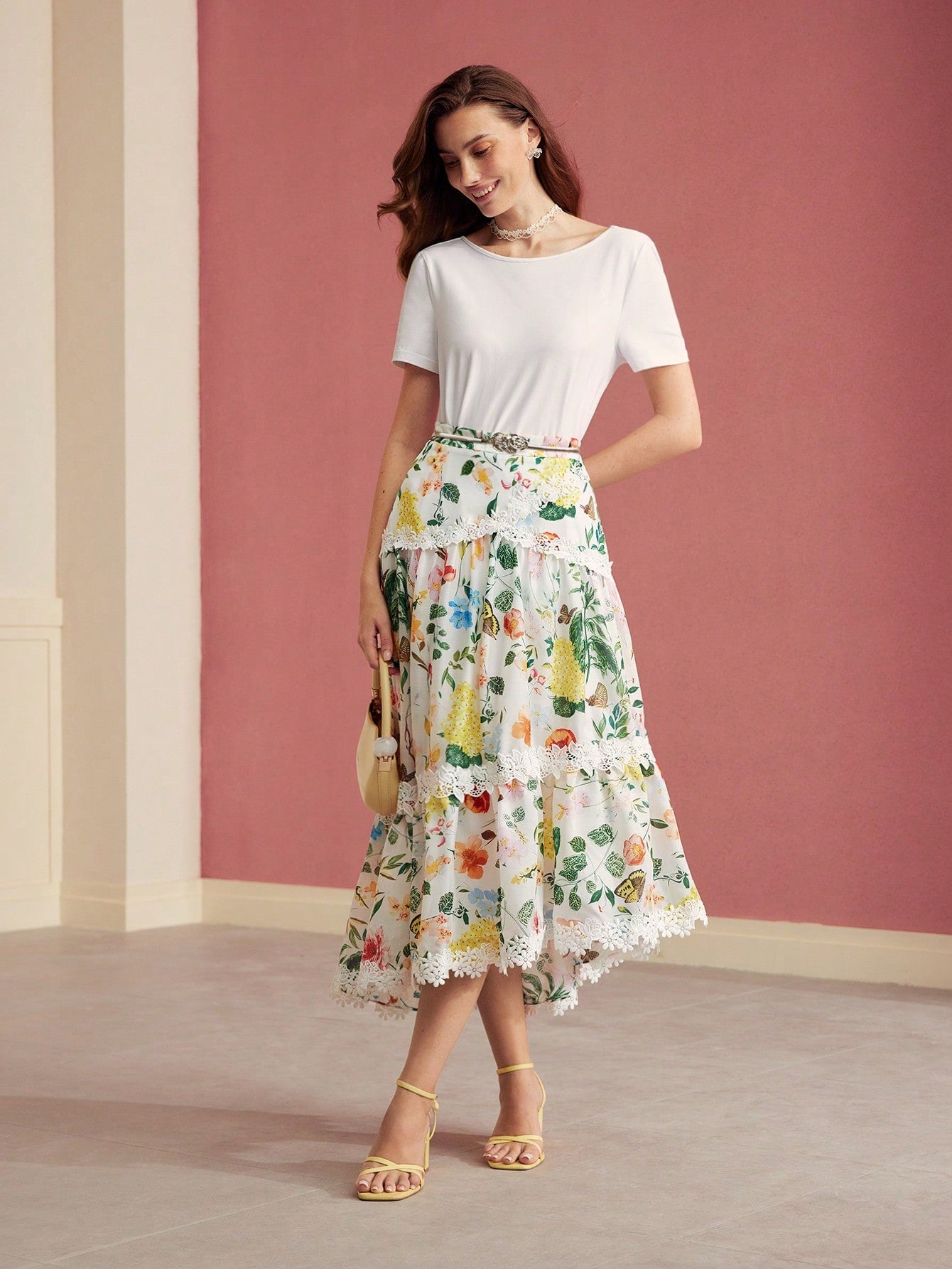 CM-BS550077 Women Trendy Bohemian Style Floral Print Contrast Lace Ruffle Hem Maxi Skirt