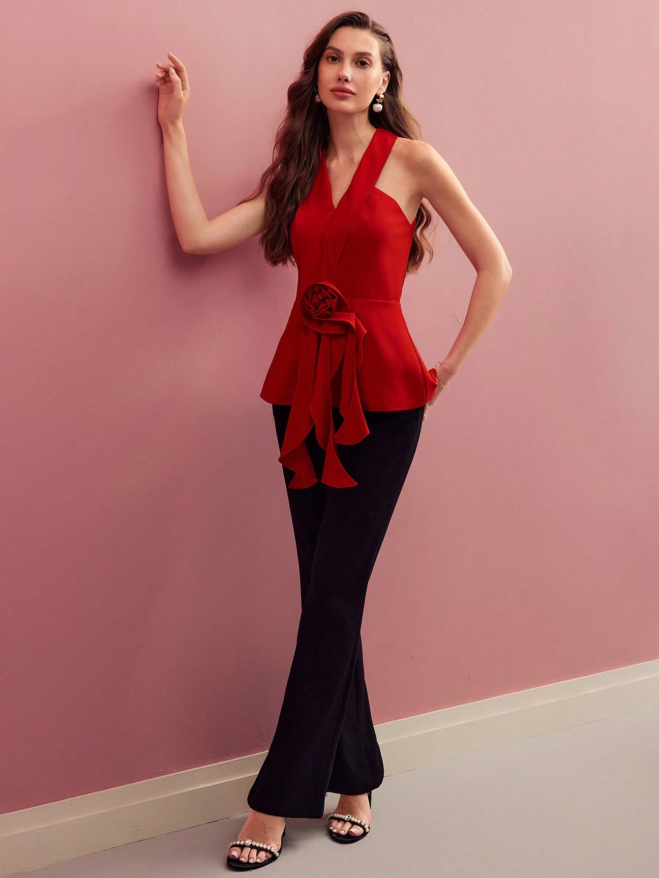 CM-TS882898 Women Elegant Seoul Style Floral Halterneck Sleeveless Asymmetrical Blouse - Red