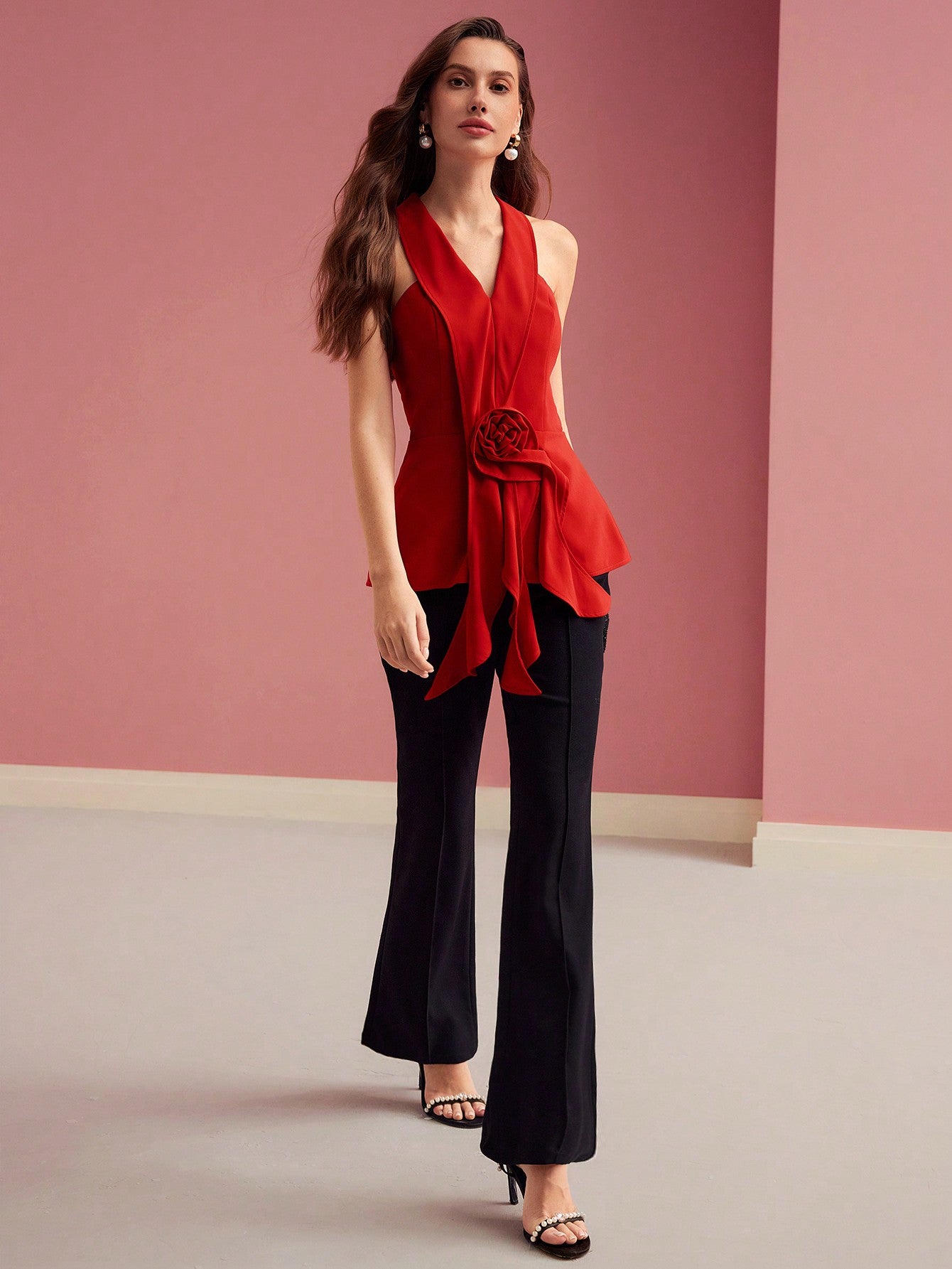 CM-TS882898 Women Elegant Seoul Style Floral Halterneck Sleeveless Asymmetrical Blouse - Red