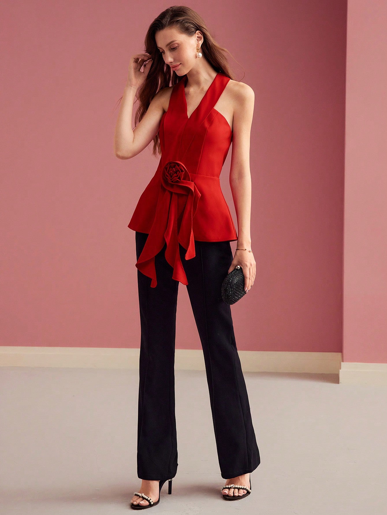 CM-TS882898 Women Elegant Seoul Style Floral Halterneck Sleeveless Asymmetrical Blouse - Red
