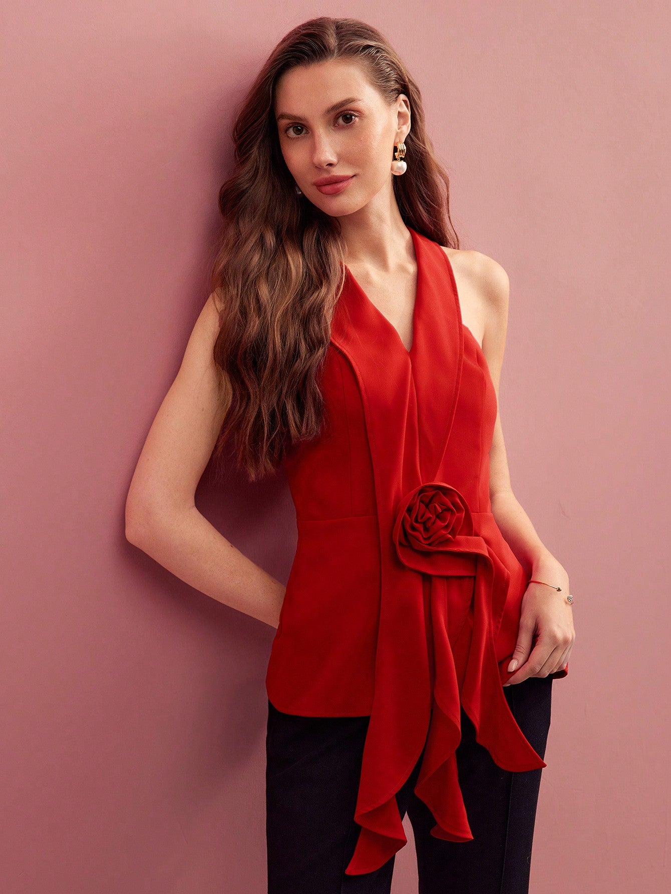CM-TS882898 Women Elegant Seoul Style Floral Halterneck Sleeveless Asymmetrical Blouse - Red