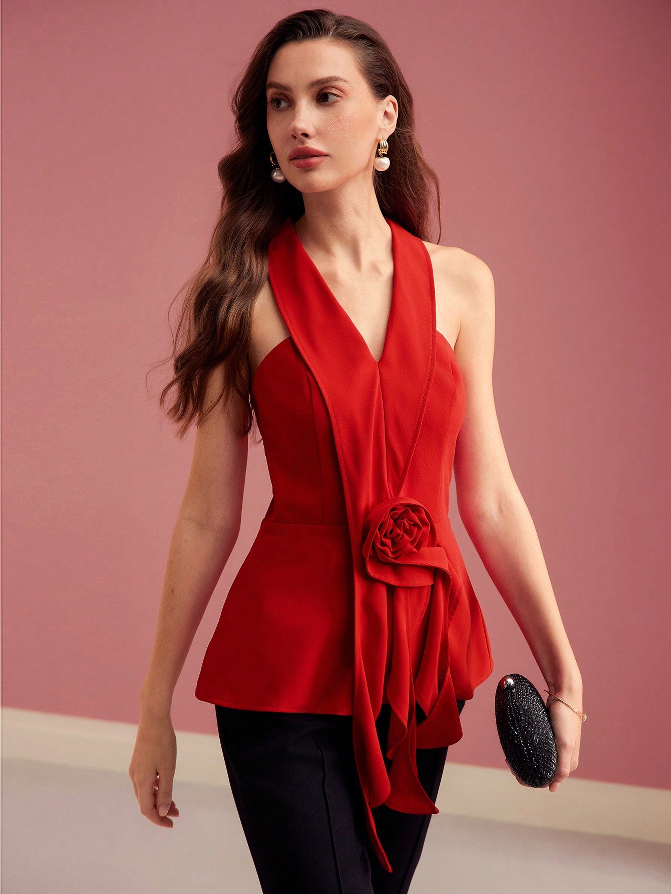 CM-TS882898 Women Elegant Seoul Style Floral Halterneck Sleeveless Asymmetrical Blouse - Red