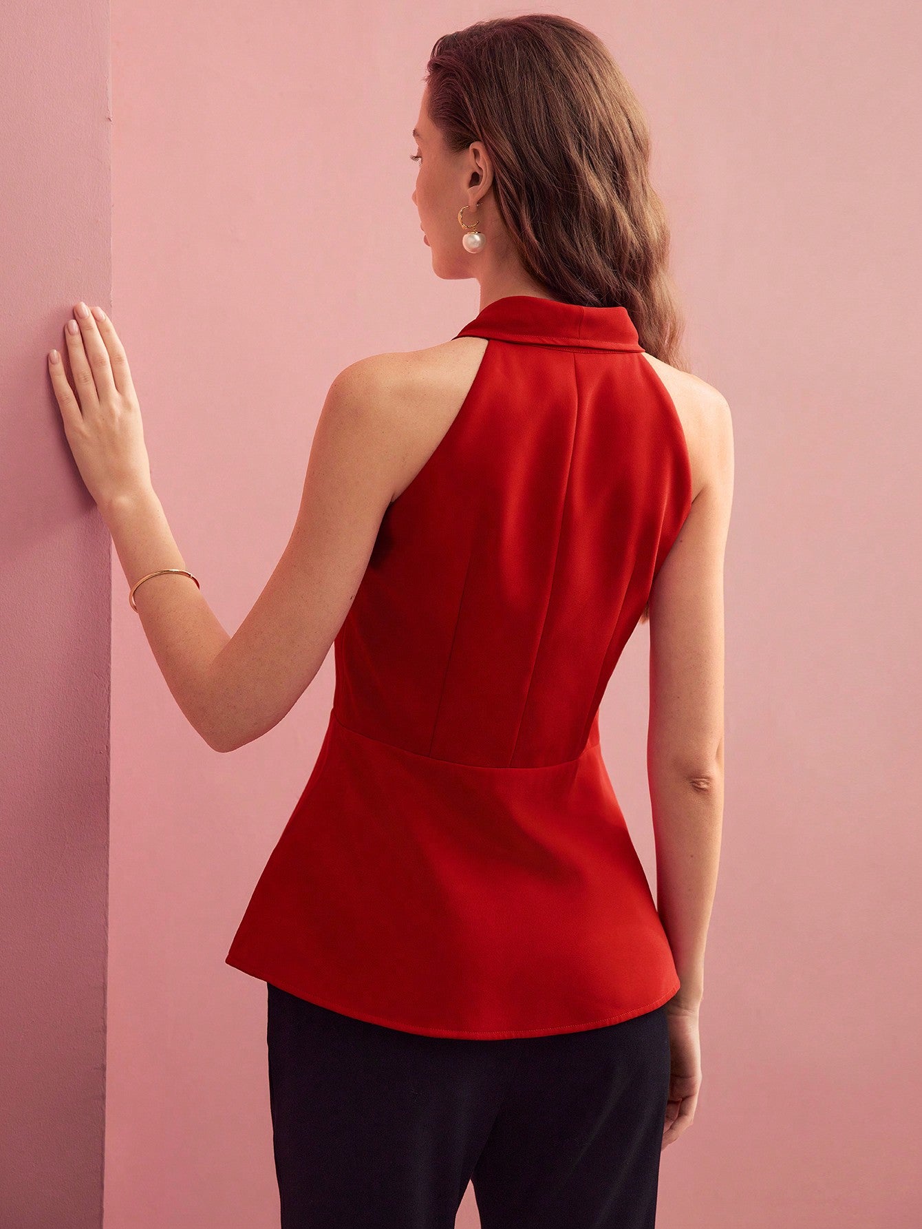CM-TS882898 Women Elegant Seoul Style Floral Halterneck Sleeveless Asymmetrical Blouse - Red