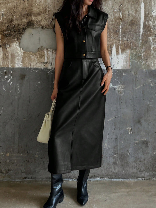 CM-SS403363 Women Elegant Seoul Style PU Leather Flap Detail Sleeveless Jacket With Split Hem Straight Skirt - Set