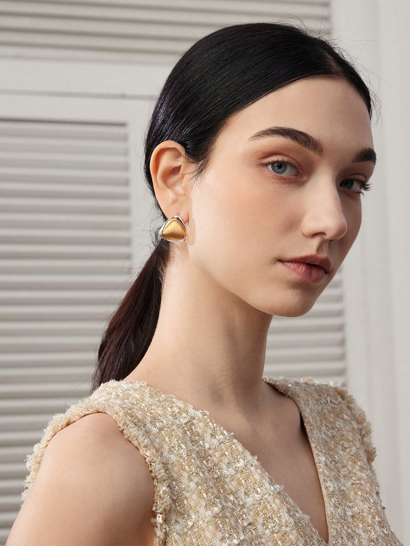 CM-AXS277683 Women Trendy Seoul Style Triangle Contrast Trim Stud Earrings