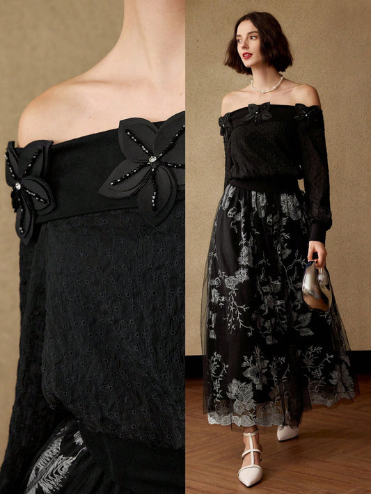 CM-TS169233 Women Elegant Seoul Style Off Shoulder Long Sleeve Appliques Detail Contast Mesh Blouse - Black