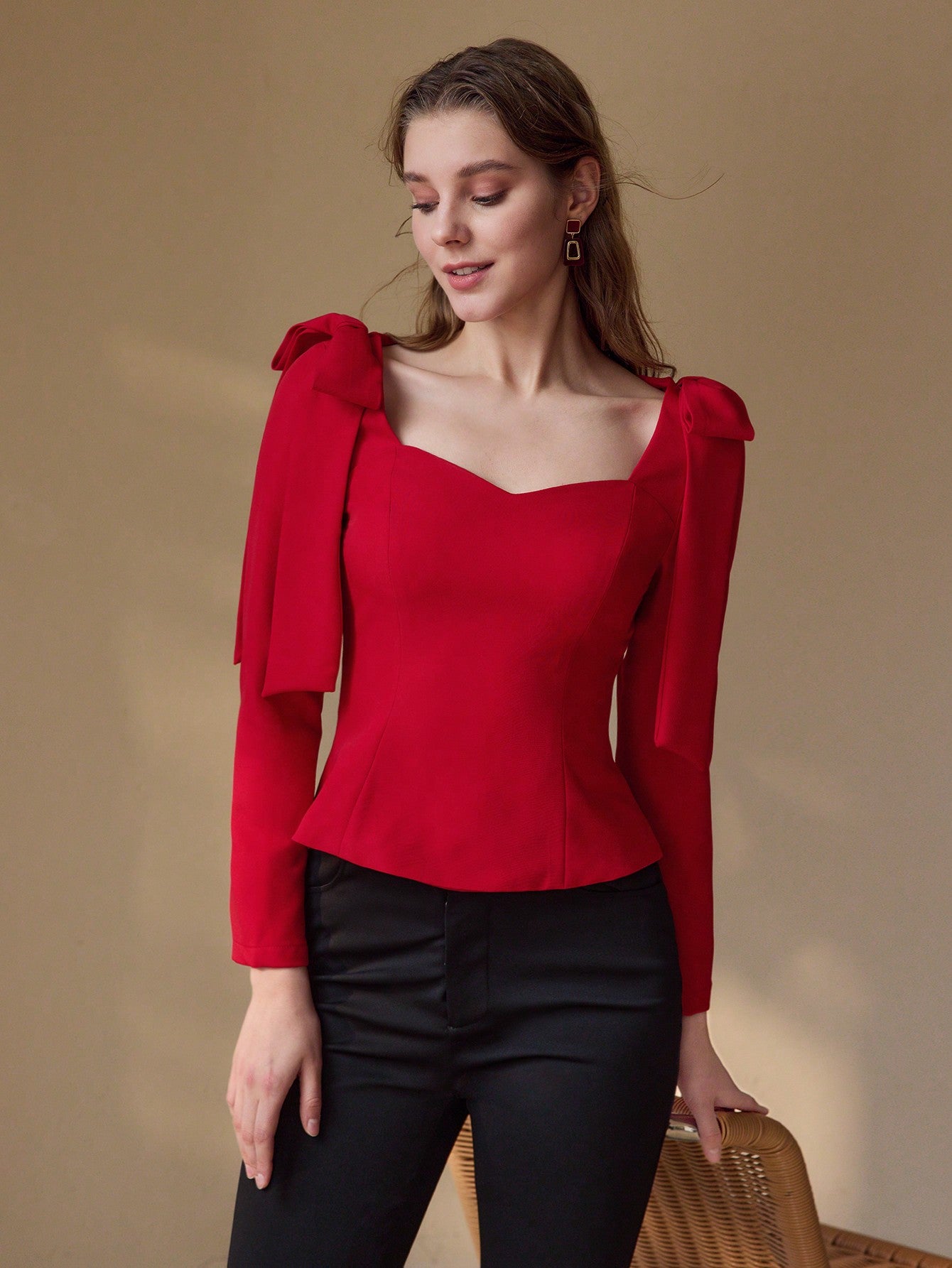 CM-TS541077 Women Elegant Seoul Style Sweetheart Neckline Long Sleeve Tie Shoulder Blouse - Red