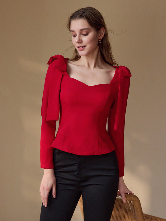 CM-TS541077 Women Elegant Seoul Style Sweetheart Neckline Long Sleeve Tie Shoulder Blouse - Red
